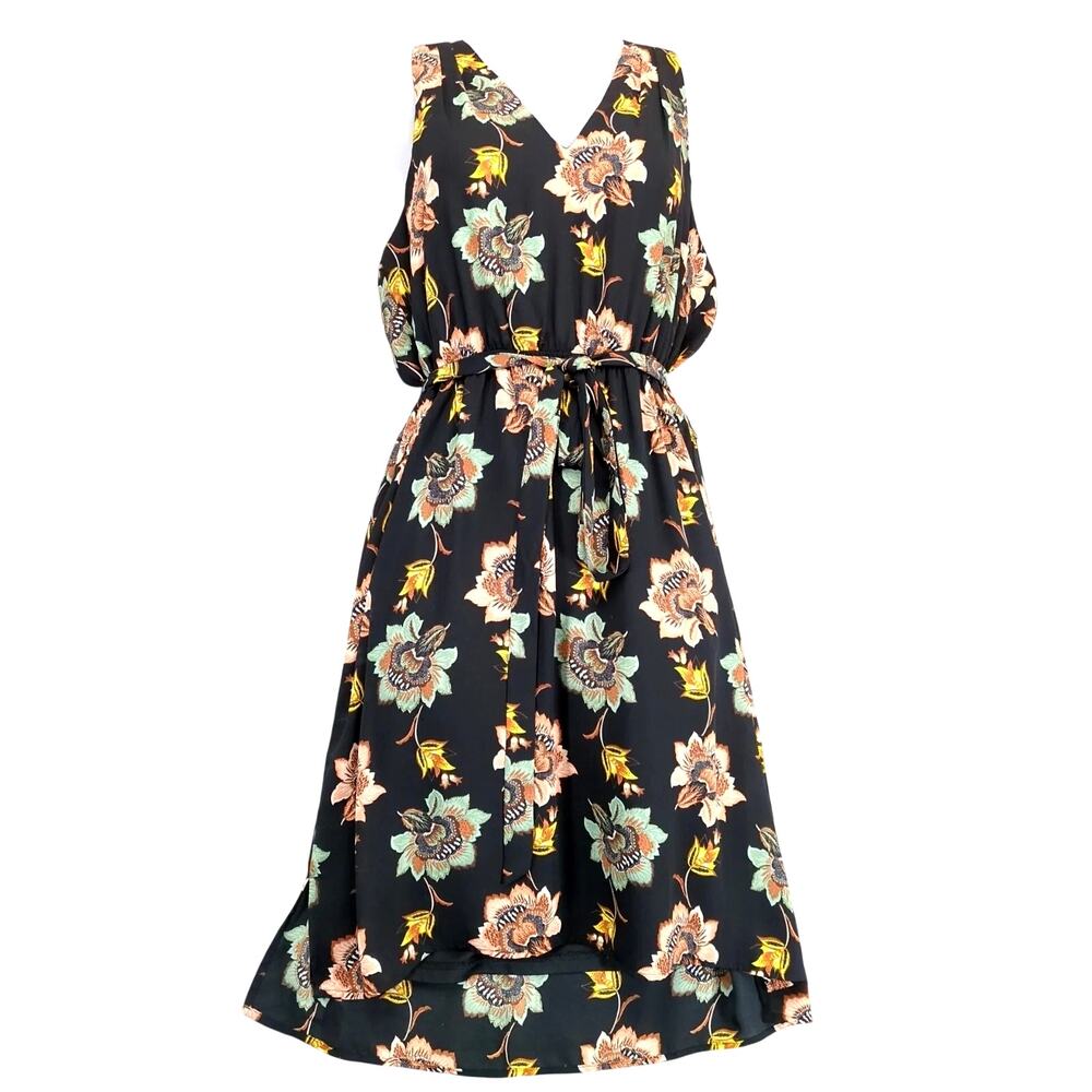 DR2 Black Floral High-Low Sleeveless‎ Dress M Flowy Rayon V-Neck Belt Whimsigoth